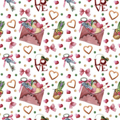Watercolor seamless pattern on Valentine's day. Cute pattern for gift, postcard, digital paper