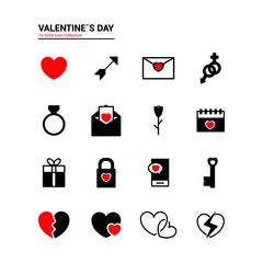Icons for Valentine's day. Love icons. Icons of a love letter, a ring, an arrow, a heart, gift, rose, padlock, key, sex, mobile message, calendar.