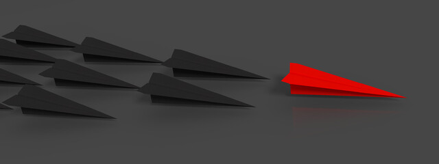Concept of following the leader. Paper plane red color leads a crowd of black planes. Business...