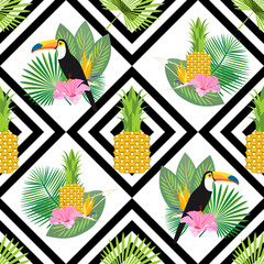 Exotic, tropical seamless pattern with toucans and palm leaves. Vector.