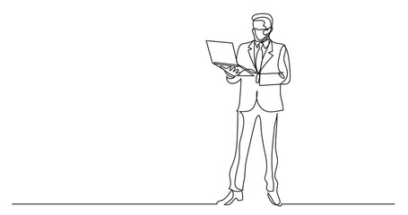 continuous line drawing of business situation - businessman wearing face mask standing with laptop computer