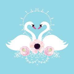 Background with two white swans & flowers. Vector.