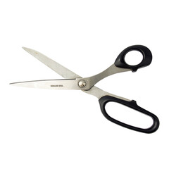 Stainless steel scissors with black handles isolated on a white background.