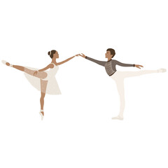 Ballerina and dancer, ballet paar, tutu and pointe shoes, dancing and posing, vector ballet