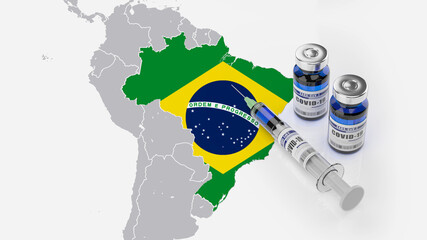 A syringe and two bottles of COVID-19 vaccine on Brazil map. Covid vaccination in Brazil. 3d illustration