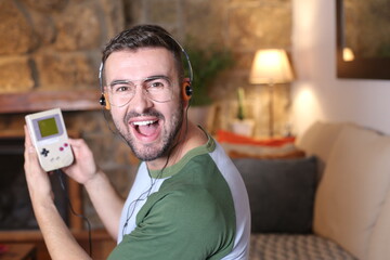 Retro guy gaming with headphones