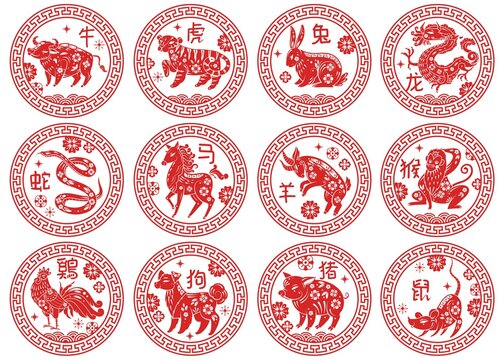 Round frames Chinese zodiac signs. Animals types of astrological calendar, Asian horoscope, traditional decor twelve animal red silhouettes different years. Vector emblems set