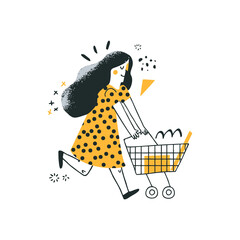 Shopping concept. Woman running with her shopping cart. Vector illustration of e-commerce or online shop in a flat and hand drawn style. Perfect for app, banner or flyer