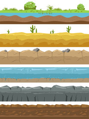 Seamless landscape borders. Ground types endless background, game environments. Natural horizontal lands stripes structure, rocks and meadow, desert and water. Cartoon vector set
