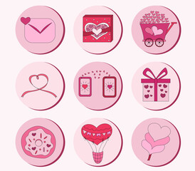 Valentine's day stickers. Cute round badges with a festive theme, love. Pink color. Vector flat illustration