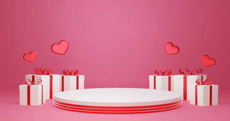 3d rendering Decorative gift box around product stand , love and valentine's day celebrate,