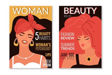 Fashion magazine cover designs. Modern glamour design cover with model female portraits, beautiful young women close up faces with trendy haircut and accessories vector cartoon template