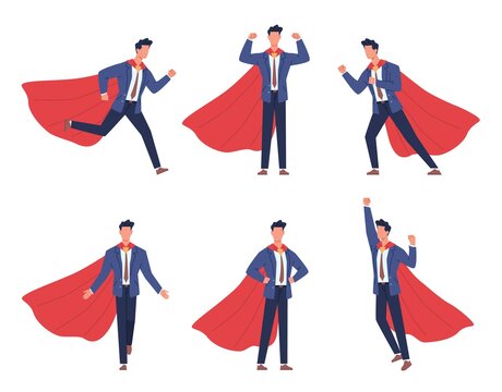 Super businessman poses. Cartoon comic hero brave male character, adult strong man in office suit with red flowing cape, different body positions, vector flat isolated set