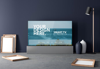Modern Smart Tv Mockup on the Floor in Front of a Blue Wall