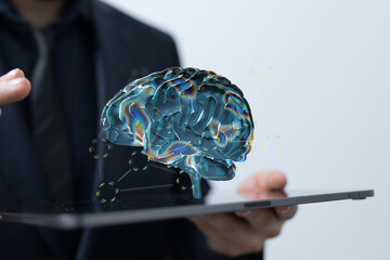 Creative background, the human brain on a blue background, the hemisphere