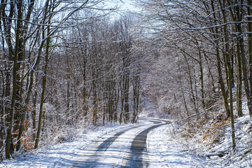 Winter landscape in the mountains with snowy road. 