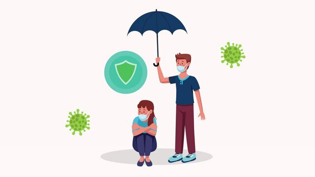 young couple wearing medical mask stressed with umbrella animation