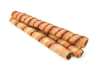 wafer rolls with chocolate isolated on white background