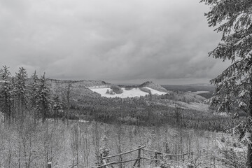 Winter black white snow view for Tolstejn castle and Jedlova hill