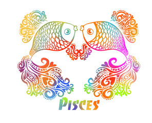 Fototapeta na wymiar Sign of the zodiac multicolored pisces. T-shirt printing. Mixed media. Vector illustration