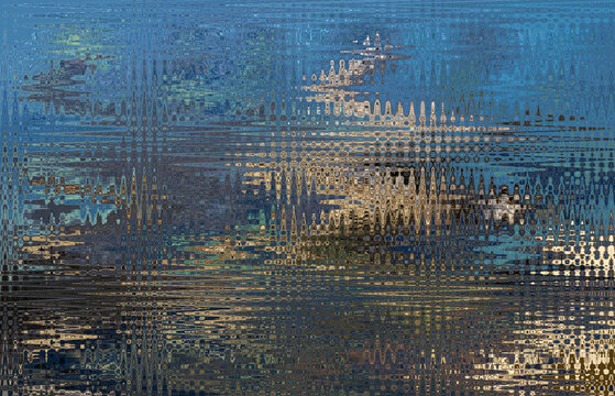 Abstract zigzag pattern with waves on nature theme. Artistic image processing created by photo of sea landscape with rocky. Beautiful multicolor pattern in blue, gray, beige tones. Background image