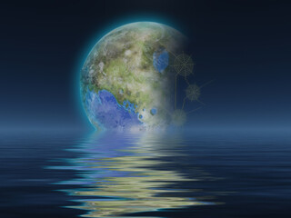 Terraformed Luna rises over water