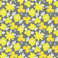 Simple abstract yellow flowers on a grey background. Vector seamless floral ornament.