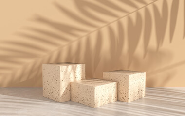 3d rendered studio with geometric shapes, podium on the floor. Platforms for product presentation, mock up background. Abstract composition in minimal design, tropic palm leaves shadow