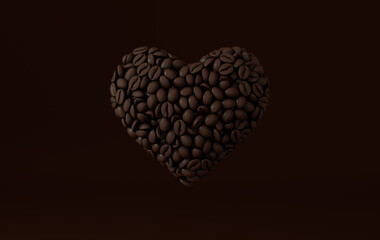 Coffee heart made of realistic coffee beans 3d rendering