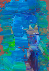 Abstract colorful rough background. Blue, purple, green, red textured brush strokes of paint on paper. Contemporary art.