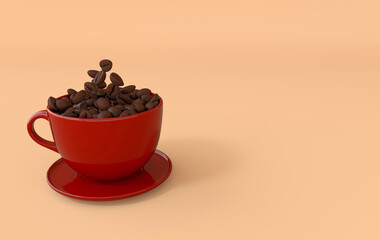 Cup of coffee and realistic coffee beans floating, 3d rendering background. Masses of coffee beans close up.