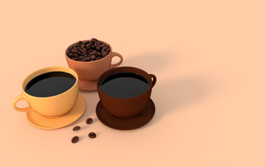 Cup of coffee and realistic coffee beans, 3d rendering background. Masses of coffee beans close up.