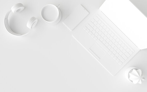Laptop, phone, headphones, cup of coffee 3d rendering. Remote work, freelance, work space, lockdown, stay at home concept. Top view, white color