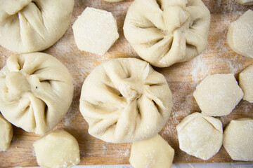 Handmade khinkali dumplings and ravioli are beautifully arranged in rows on a cutting board and sprinkled with flour. Close-up, macro.
