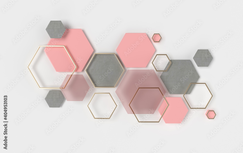 Wall mural Hexagonal abstract background. Modern cellular honeycomb 3d panel with hexagons. Ceramic, concrete metallic tile. 3d wall texture.  Geometric background for interior wallpaper design