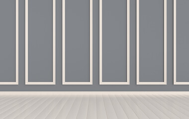 Classic interior walls with copy space. Walls with ornated mouldings panels and wooden floor, classic cornice. Floor parquet. 3d rendering digital interior mock up Illustration. White and gray colors