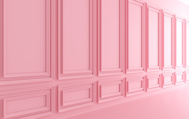 Classic interior walls with copy space. Walls with ornated mouldings panels and wooden floor, classic cornice. Floor parquet. 3d rendering digital interior mock up Illustration. Pastel colors
