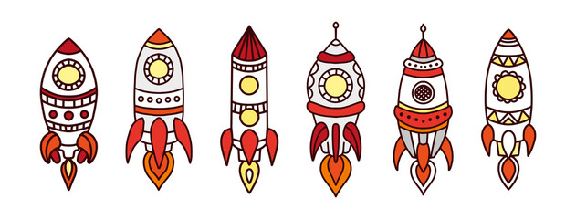 Set of rockets in cartoon style. Space rocket launch symbol, flying transport. Set of vector illustrations for children on a white background in colored doodle style