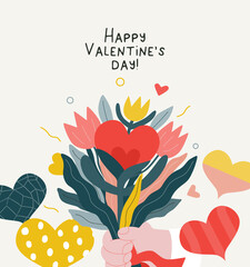 Bouquet - Valentines day graphics. Modern flat vector concept illustration - a hand holding a bunch of flowers with growing hearts. Cute characters in love concept