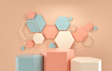 3d rendered studio with geometric shapes, podium on the floor. Platforms for product presentation, mock up background. Abstract composition in minimal design, pastel colors