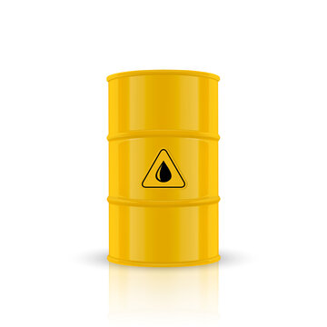 Vector 3d Realistic Illustration. Yellow Simple Glossy Enamel Metal Oil, Fuel, Gasoline Barrel, Black Drop Oil Sign Isolated on White Background. Design Template of Packaging for Mockup. Front View