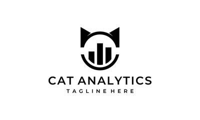 cat head face silhouette with bar chart growth analytics logo design template