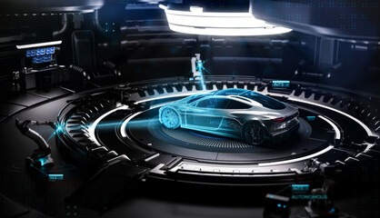 Futuristic black sports car in hi tech environment (3D Illustration)