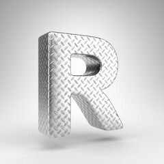 Letter R uppercase on white background. Aluminium 3D rendered font with checkered plate texture.