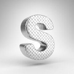 Letter S uppercase on white background. Aluminium 3D rendered font with checkered plate texture.