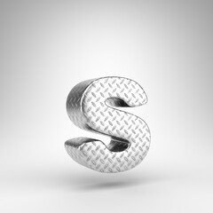 Letter S lowercase on white background. Aluminium 3D rendered font with checkered plate texture.