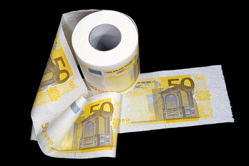 Roll of 50 Euro bank notes toilet paper isolated on black background