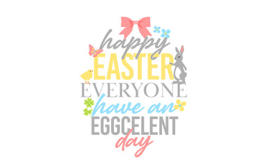 Colorful Happy Easter greeting card with rabbit, bunny and text