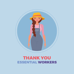 Farmer woman blue thanks essential workers logo - Vector