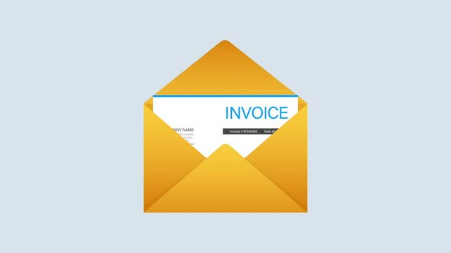 Invoice icon , email message received with bill document, flat style open envelope with invoice paper blank.